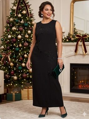 VTG 90's Jones New York Black Sleeveless Embroidered Column Maxi Dress Size 14